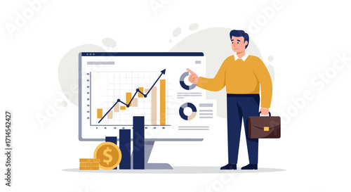 Business growth strategy visualization with data analysis for financial success vector illustration