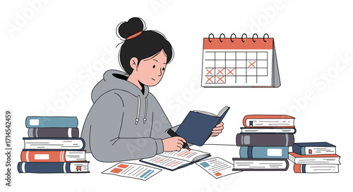 Student focused on studying with books and calendar for exam preparation and time management vector illustration
