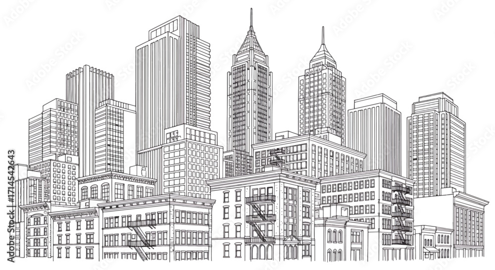 Naklejka premium Monochrome city skyline drawing with detailed skyscrapers and architectural elements, urban sketch illustration.