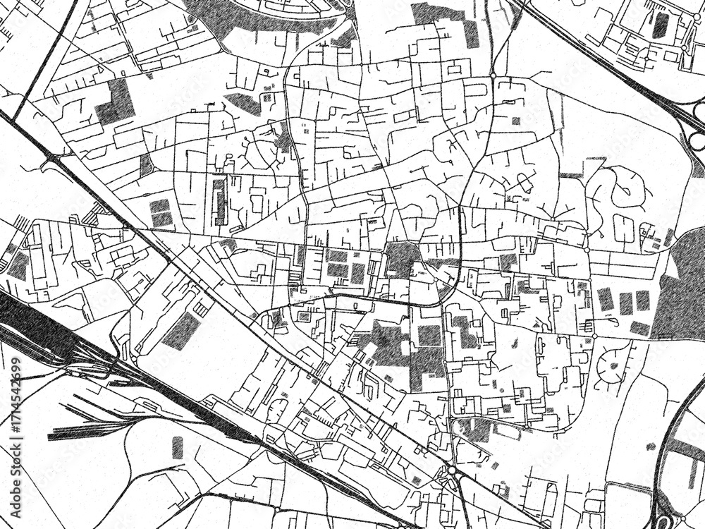 Obraz premium Illustrated city map of Saint-Priest, France, in black and white, showing roads and textures.