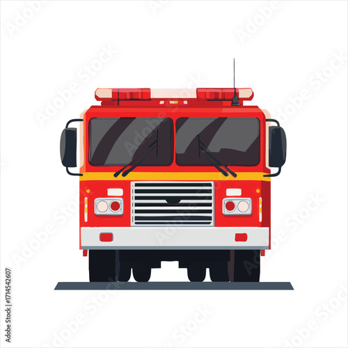 Front view of a firetruck.  A stylized illustration of a fire engine, showing the front of the vehicle with its characteristic red color,  and safety equipment