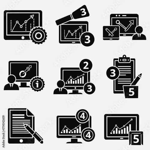 Business analytics dashboards and performance metrics icons, financial charts, data analysis, progress tracking and strategy planning