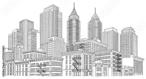 Monochrome city skyline drawing with detailed skyscrapers and architectural elements, urban sketch illustration.