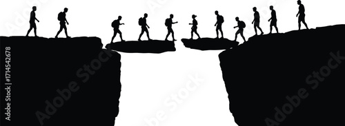 Silhouette people crossing cliff gap, teamwork unity challenge, group walking narrow bridge, overcoming obstacles together, success cooperation concept, risk adventure journey,
