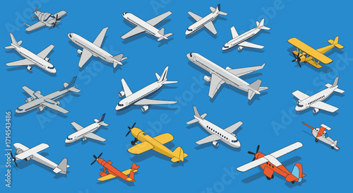 Aviation collection vector illustration: airplane set for design projects in flat style