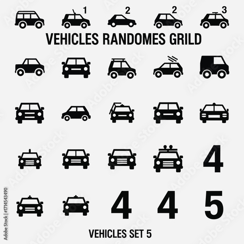 Various car models in a clean grid layout, including compact cars, sedans, and emergency vehicles