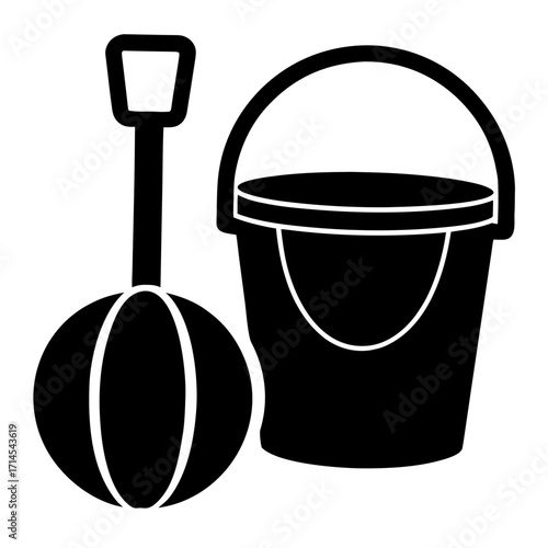 Simple black and white illustration of a beach bucket shovel and ball