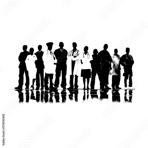 Medical Team Silhouettes in Black and White with Reflection