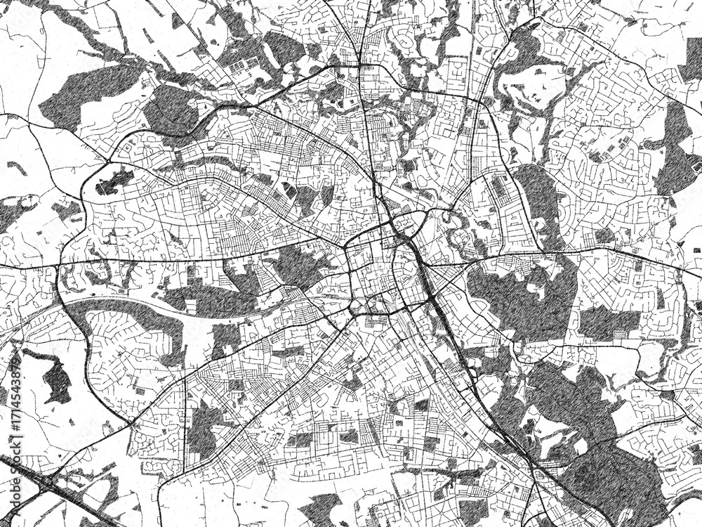 Naklejka premium Detailed artistic sketch map of Bolton, United Kingdom, in monochrome black and white.