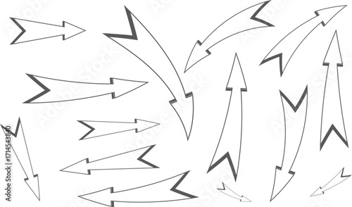 Thin outline abstract arrow set, stylized curved and sharp arrows vector collection, direction symbols for navigation, infographic, choice, movement, orientation, and graphic design isolated on white
