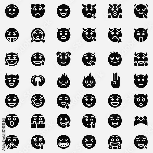 Diverse set of black vector emoji icons, featuring various emotional expressions and stylized faces, suitable for digital interfaces, social media, and communication design