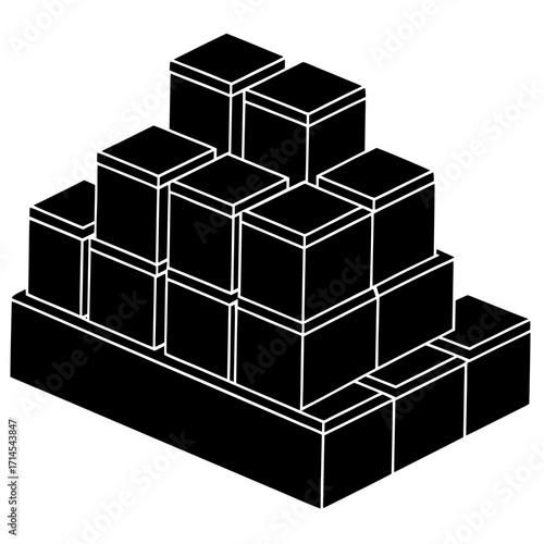 Black and white illustration depicts a stacked pyramid of cubic blocks