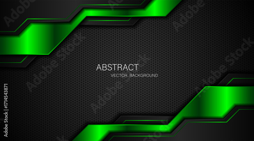 Abstract black and green polygon with green glow lines on dark steel mesh background with free space for design. modern technology innovation concept background	