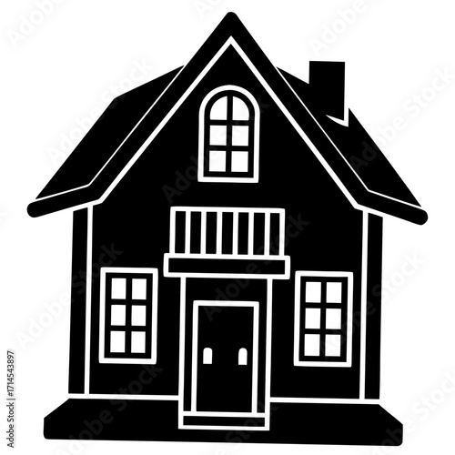 Simple black and white house illustration with a chimney and front door