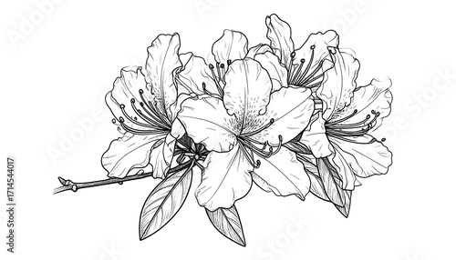 Detailed black and white line drawing of azalea flowers