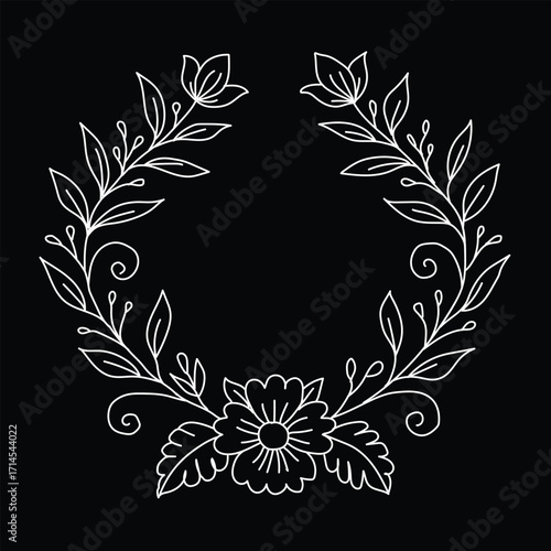 Elegant floral wreath with vintage black and white decorative swirls and branches for a stunning frame illustration