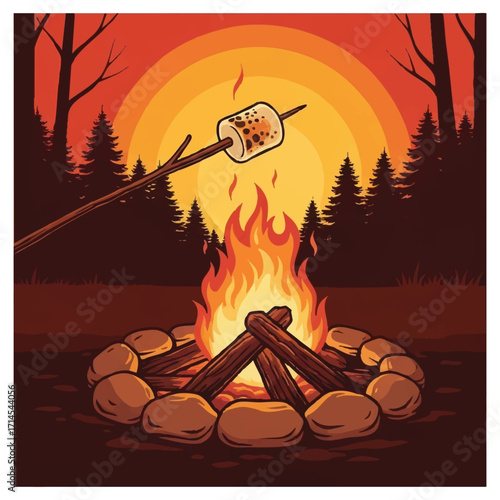 campfire roasting marshmallow sunset forest scene