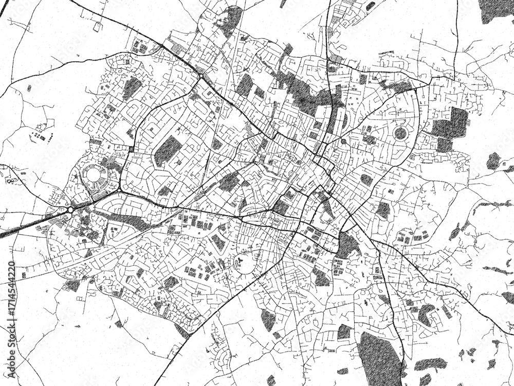 Fototapeta premium Detailed artistic sketch map of Cheltenham, United Kingdom, in monochrome black and white.