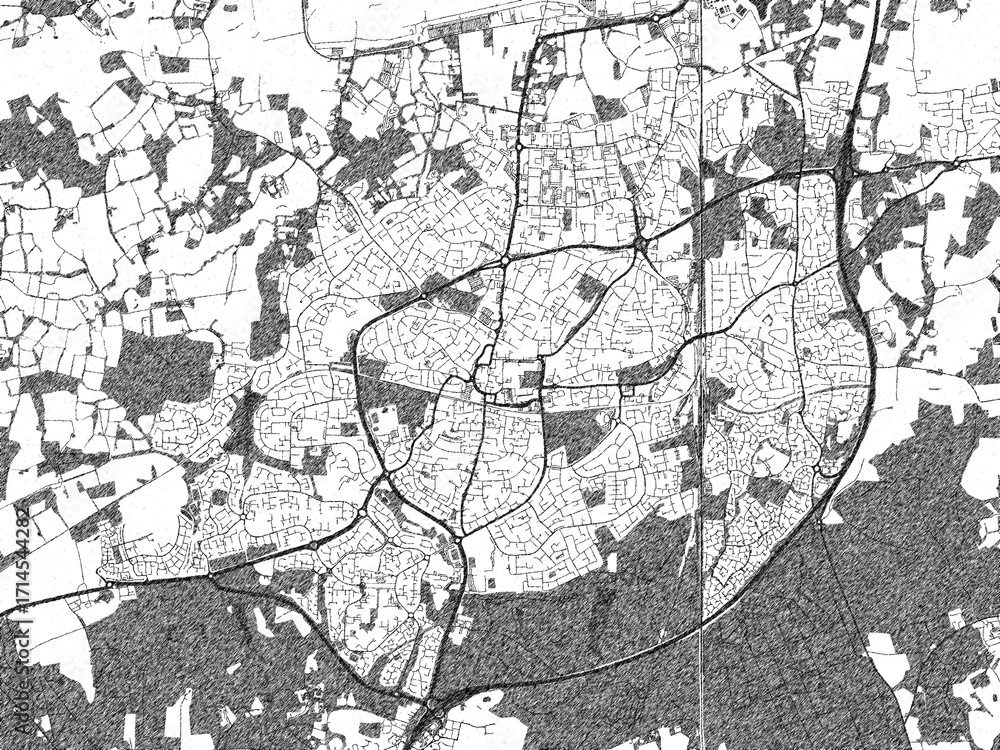 Naklejka premium Artistic monochrome city map of Crawley, United Kingdom, created in a hand-drawn style.