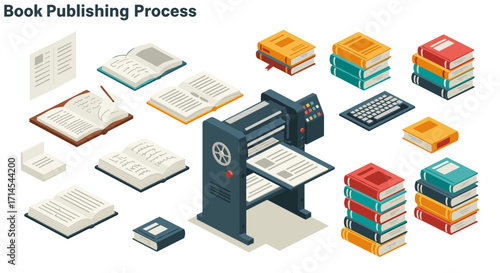 Vector illustration of book publishing process in isometric style for educational design