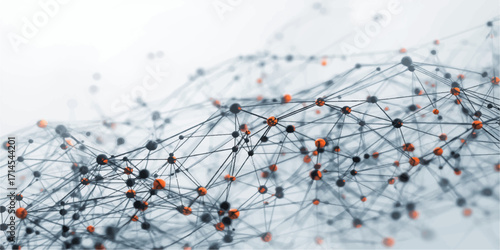 Digital connections and nodes linked through geometric lines, creating an abstract structure with glowing highlights, orange accents, and blurred white particles, symbolizing complexity, networking, 