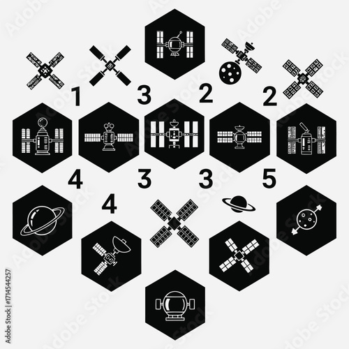 Minimalist vector icons of satellites, space stations, and celestial bodies illustrating advanced aerospace technology, global communication, and future space exploration concepts