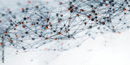Digital connections and nodes linked through geometric lines, creating an abstract structure with glowing highlights, orange accents, and blurred white particles, symbolizing complexity, networking, 