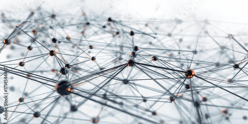 Digital connections and nodes linked through geometric lines, creating an abstract structure with glowing highlights, orange accents, and blurred white particles, symbolizing complexity, networking, 