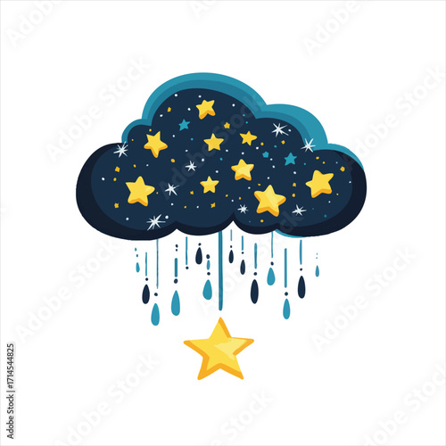 Night cloud, stars, and falling stardust.  A whimsical, cartoonish representation of a dark cloud filled with stars, and falling stardust