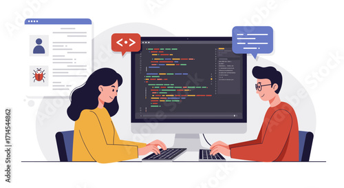 Collaborative programming scene with two developers in flat vector illustration for tech and education design