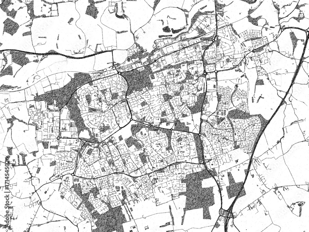 Obraz premium Black and white map poster of Harlow, United Kingdom, illustrated in hand-drawn style.