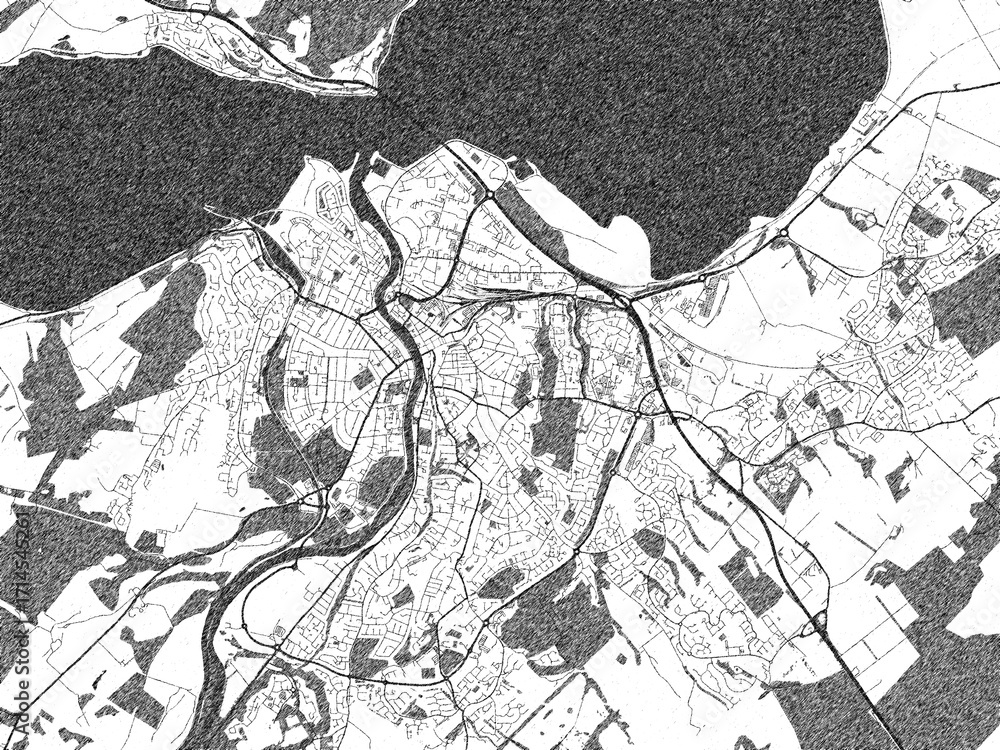 Fototapeta premium Hand-drawn style black and white city map of Inverness, United Kingdom, with detailed streets and textures.