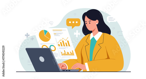 Businesswoman analyzing data on laptop with charts and graphs in modern flat vector illustration