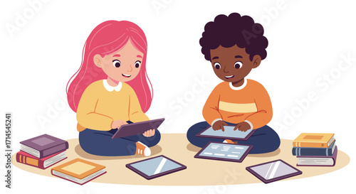 Children learning with tablets vector illustration - educational design for posters and cards in a flat style