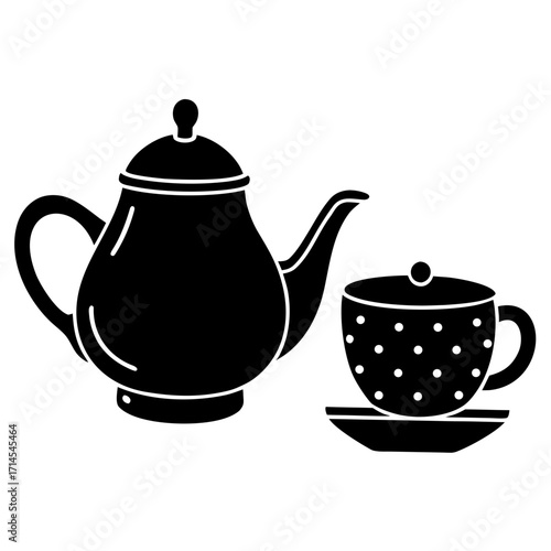 Simple black and white illustration featuring a teapot and teacup set
