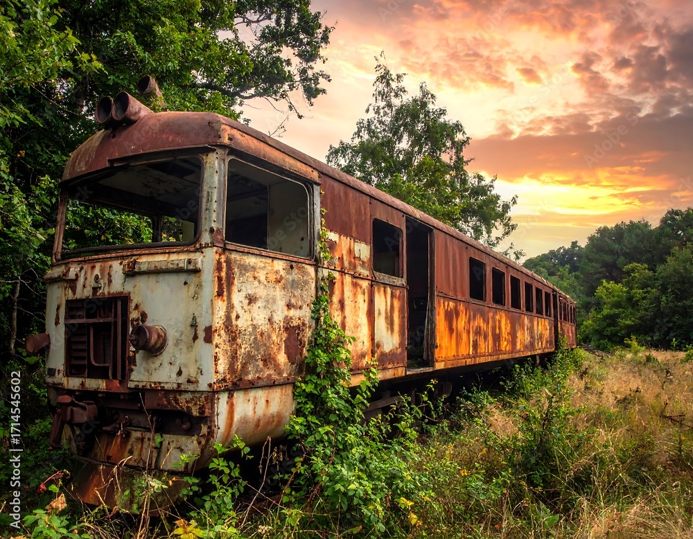 Fototapeta premium An abandoned rusty train car rests overgrown with vegetation in a sun-drenched, tranquil forest clearing at sunset.