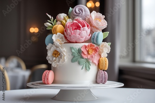 A whimsical wedding cake with colorful macarons and fondant flowers, adding a playful yet sophisticated touch to the celebration