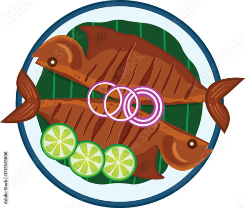 An appetizing illustration of an Asian grilled fish platter, featuring two whole fish on a banana leaf with fresh lime and onion