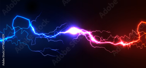 Blue red lightning clash with bright energy spark, neon plasma arcs on dark background. Dynamic tech banner for gaming, sci-fi poster, web cover, wallpaper. Vector illustration