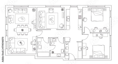Detailed architectural floor plan drawing with rooms, furniture arrangement, and structural elements in blueprint style.