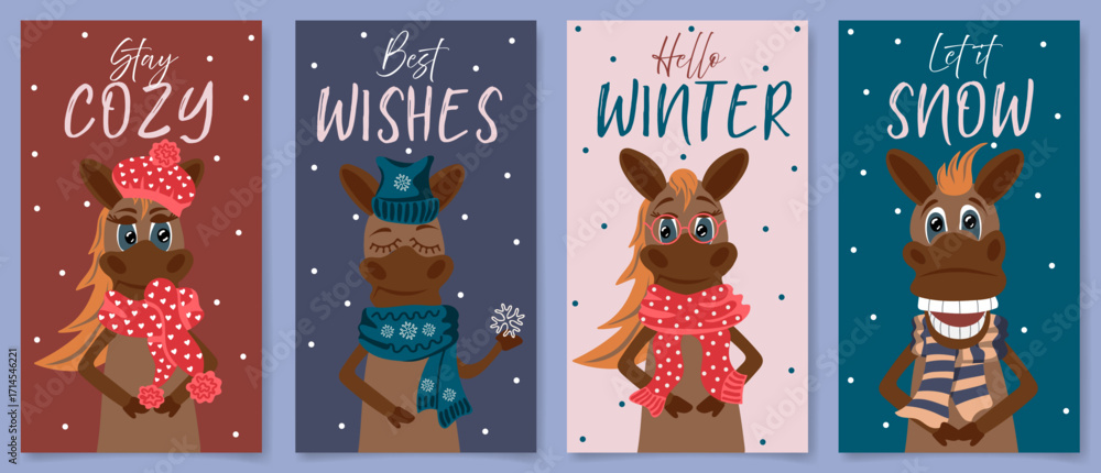 Fototapeta premium Hello Winter vertical designs set with cute horses. Funny animals. Holiday childish template collection for greeting cards, posters and banners. Vector illustration