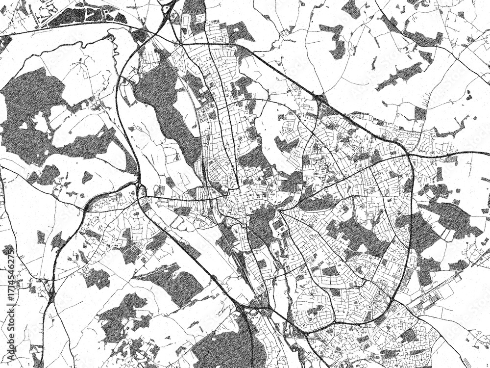 Naklejka premium Detailed black and white map of Oxford, United Kingdom, in artistic sketch style.