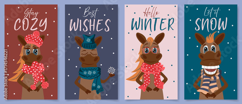 Hello Winter vertical designs set with cute horses. Funny animals. Holiday childish template collection for greeting cards, posters and banners. Vector illustration