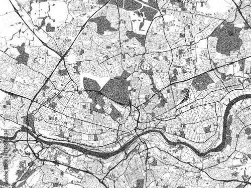 Obraz na płótnie Black and white cartographic illustration of Newcastle upon Tyne, United Kingdom, in hand-drawn sketch form