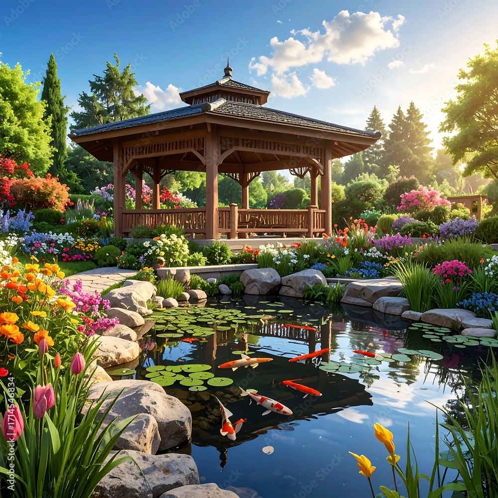 Obraz premium A serene Japanese-style garden gazebo, adorned with vibrant flowers and a tranquil koi pond, bathed in the soft light of a sunrise.