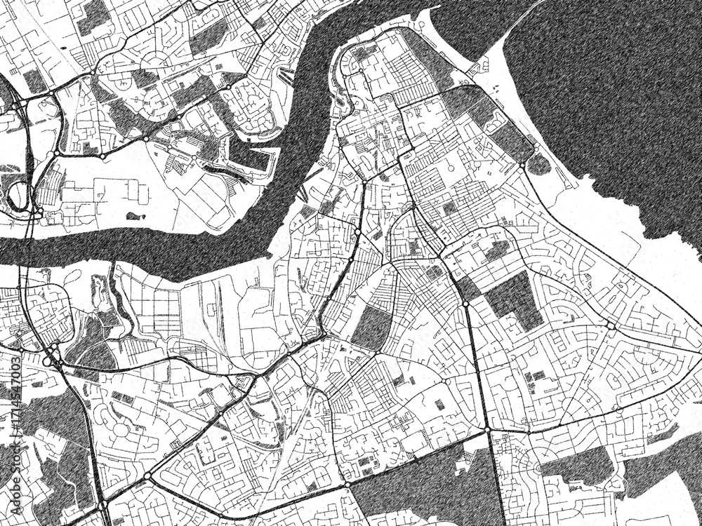 Obraz premium Poster-ready monochrome city map of South Shields, United Kingdom, with detailed streets and rivers.