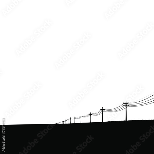 Row of black utility poles with wires receding into distance
