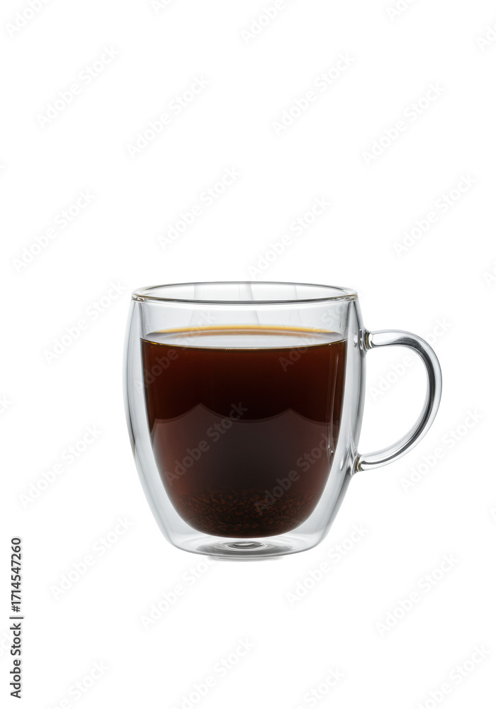 Sleek, transparent double-walled glass teacup with dark, steaming coffee and visible grounds, isolated on transparent background, subtle shadow, copy space, premium coffee advertising concept