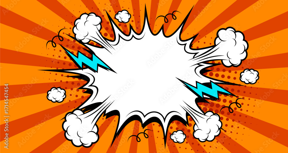 Blank comic burst background with cloud and thunder in orange background