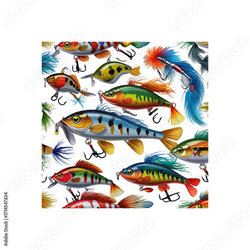 Colorful Fishing Lures Collection Seamless Pattern